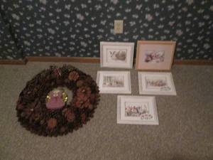 lot 40 image: Large pinecone wreath and framed ar...