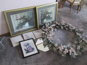 lot 235 image: Framed floral prints, Huge faux flo...