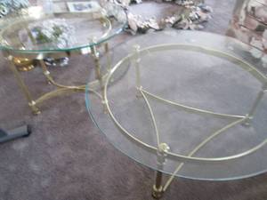 lot 238 image: Round brass tone glass top coffee t...