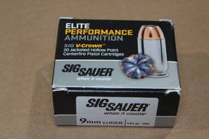 lot 146 image: 20 Sig Sauer V-Crown 9mm Luger 124 Gr JHP Ammo