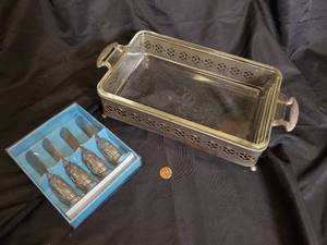 lot 109 image: Vintage Pyrex Baking Dish with Metal Caddy and Lobster Handle Spreaders