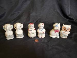 lot 114 image: Set of 6 Vintage Ceramic Figurines Including Elephants, Cats, and Owl
