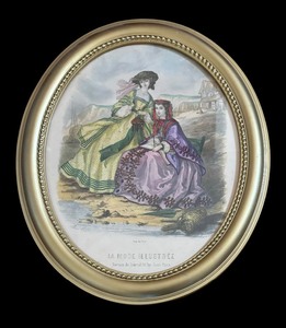 lot 41 image: Vintage La Mode Illustree French Victorian Ladies Print Framed Wall Art in Wooden Oval Frame