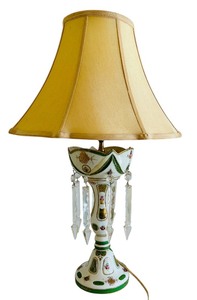 lot 65 image: Vintage Bohemian Overlay Cut to Green Lustre Lamp with Cut Glass Prisms  Vintage Lamp made in Occupied Japan