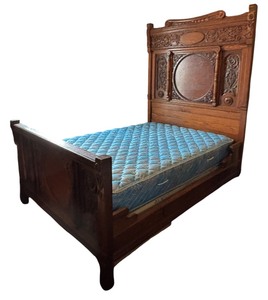 Antique Ornate Carved Walnut High Back Full Size Bed