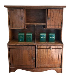 lot 179 image: Vintage Wooden Doll Kitchen Cabinet with Miniature Canisters