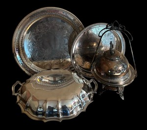 lot 201 image: Sensational Silver Plated, Platters, Serving Bowl and Covered Butter Dish