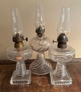 lot 210 image: Three Vintage Glass Oil Lamps