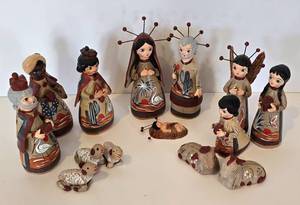 lot 23 image: Hand Painted Clay Nativity Set