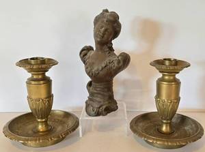lot 124 image: Vintage Bronze Statue Plus Set of Brass Candlesticks