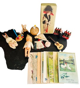 lot 229 image: Various Vintage Finds including Vintage Candy Box, Doll, Postcards and More