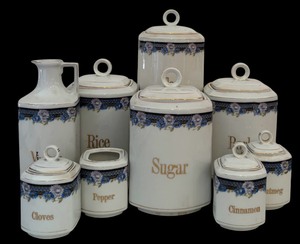 lot 250 image: Vintage Ceramic Kitchen Containers including Sugar, Tea, Vinegar, Rice, Barley, Cloves, Nutmeg, Pepper and Cinnamon