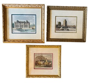 lot 387 image: Three Framed Vintage Etching Prints, View of La Rochelle, Chateau de Madrid and Ispagnac