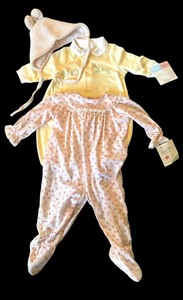 lot 424 image: Two Vintage Never Used Pajamas , I Love Daddy and Pink Flowers and Pink Bonnet by Baby Bliss and More