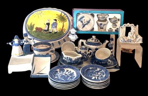 lot 410 image: Beautiful Miniature Tea Set, Dutch Boy & Milkmaid Figurines, Antique Fairing Figurine and More
