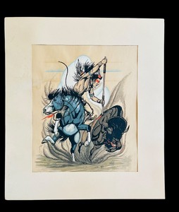 lot 432 image: Breathtaking Frank Vigil Apache Artist Native American Indian on Horse Hunting Buffalo Print Unframed