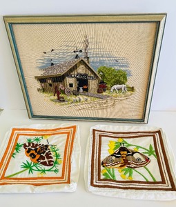 lot 362 image: Vintage Needlepoint Framed Art and Pillow Covers
