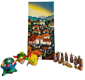lot 356 image: Dazzling Mexican Painting, Miniature Nativity and Pottery Figurines