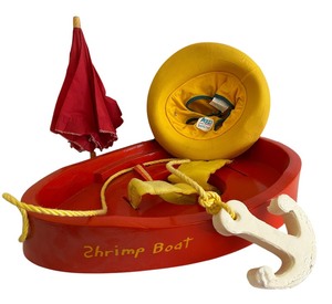 lot 358 image: Adorable Vintage Shrimp Boat Pool  Lake Toy, Aqua Swim School Float and Small Vintage Umbrella