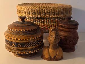 lot 335 image: Native American Woven Basket & Wood Carvings
