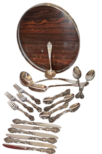 lot 343 image: Sheffield Silver Formica Serving Tray & Flatware Grouping