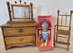 lot 346 image: New in Box Effanbee Doll & Wooden Doll Furniture