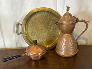 lot 493 image: Vintage Copper and Brass Ewer, Platter and Petite Pan