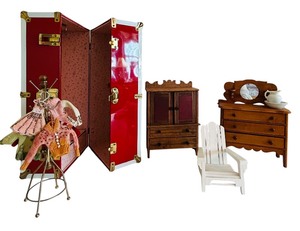 lot 473 image: Vintage Doll Case, Doll House Furniture and Barbie Sized Clothes with Rack