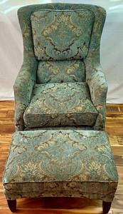 lot 8 image: Arhaus Furniture Cambridge Collection Upholstered Armchair and Ottoman