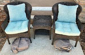 lot 29 image: Set of 2 Wicker Cushioned Patio Chairs and Side Table Plus Chair Covers