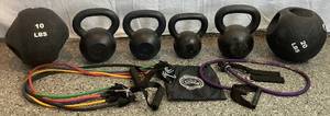 Hampton Kettle Bell Set, Titan Fitness Balls 10 lb & 20lb, and Tribe Fitness Resistance Bands
