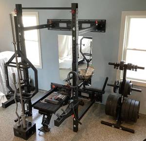 Rogue Fitness Monster Lite RML-3W, Rogue Bench, Rogue Weight Plate Tree & Weight Plates, Titan Fitness Barbell Storage Unit with Crossover Symmetry Set