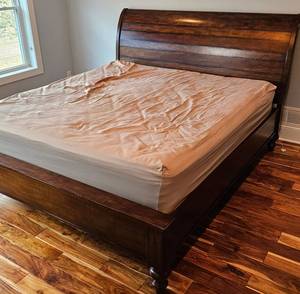 lot 23 image: Pottery Barn King Sleigh Bed with Headboard, Footboard and Rails