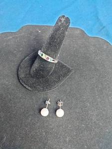 lot 194 image: Rhodium Over Brass I Love You Crystal Ring with Cultured Freshwater Pearl Earrings - Size 9.5