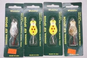 lot 409 image: Vintage Fishing Lures KB Spoon Wobblers 4ct