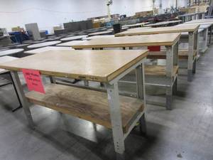 lot 201 image: STEEL FRAME, HEIGHT ADJUSTABLE  WORK TABLES