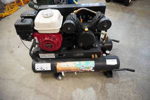 lot 9 image: Mega Power Air Solutions Gas Powered Contractors Wheel Barrow Style Air Compressor