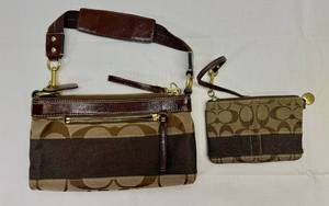 lot 5 image: Coach Signature Stripe CanvasLeather Shoulder Pouch Handbag & Matching Wristlet