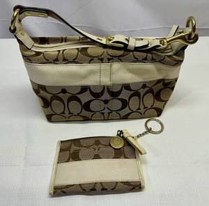 lot 12 image: Coach Signature Canvas BrownCream Y2K Demi Mini  Bag wMatching Wristlet