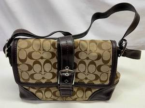 Coach Hampton Brown Signature Jacquad & Leather Flap Handbag