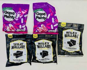 lot 49 image: 2x 7oz Good & Plenty &3x 4oz Wiley Wallaby Classic Black Licorice