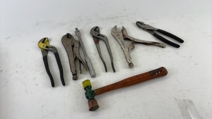 lot 722 image: Assorted Vintage Hand Tools Including Pliers, Wrench, and Hammer