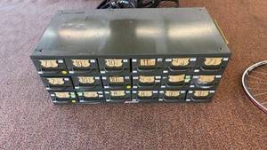 lot 8 image: Equipto 18 Drawer Metal Storage Cabinet with Vintage Bicycle Spokes