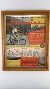 lot 82 image: Rare Framed Vintage 1966 Schwinn Fastback Bicycle Advertisement