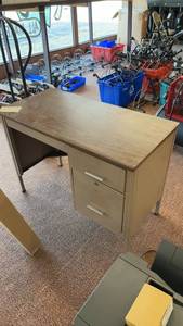 lot 100 image: Vintage Metal Office Desk with Wooden Top and Drawers