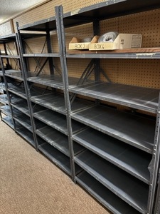 lot 758 image: Metal Shelving - Two Units   Needs some disassembly for removal.