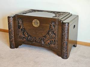 lot 37 image: Carved Illuminated Chinese Camphor Chest Blanket Chest