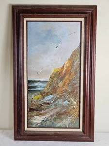 lot 19 image: Mid Century Impressionist Oil Original Signed Engle  Cliff Side Seascape