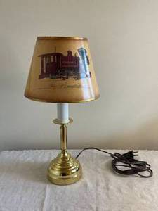lot 297 image: Adorable Vintage Brass Candlestick Lamp with Minnetonka Train Engine Shade