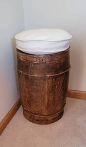 lot 193 image: Antique Penny Nail Wood Barrel with Cushion Top